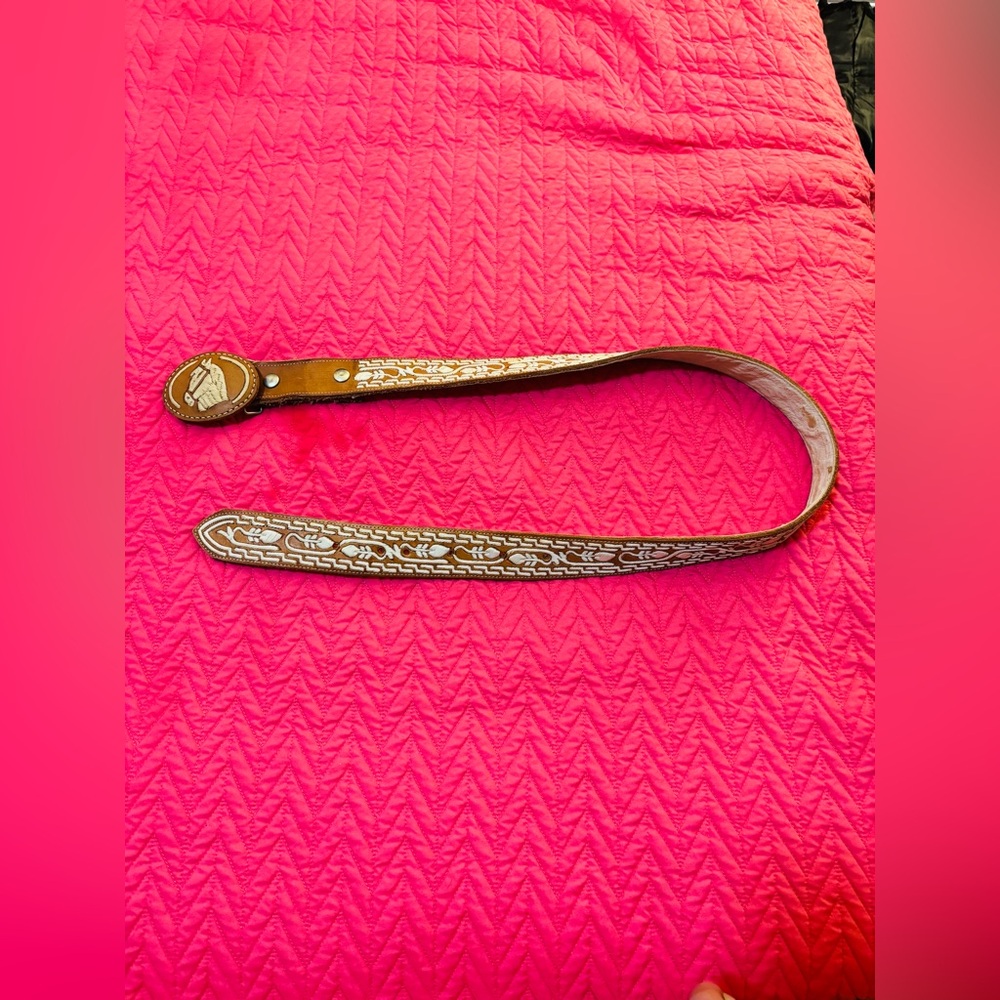 VINTAGE HANDMADE Genuine Leather Brown Belt with Embroidered Horse White Accents